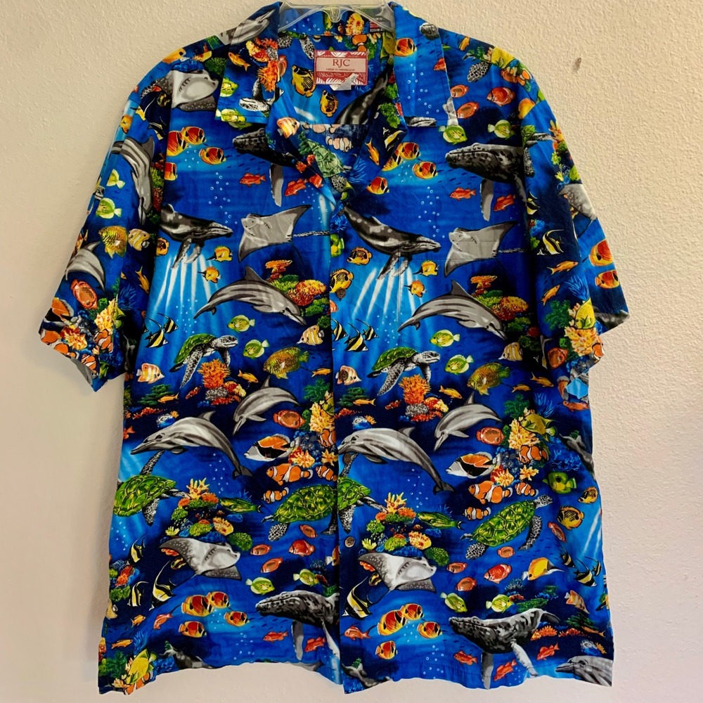 Vintage RJC Hawaii Marine Life Hawaiian Shirt Mens 2XL Sea Turtle Dolphin USA~98